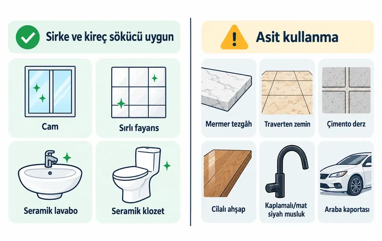 Sirke ve kireç sökücünün kullanılabildiği cam, fayans, lavabo ve klozet ile asit kullanılmaması gereken mermer, traverten, derz, ahşap, kaplamalı musluk ve araç boyasını karşılaştıran şema.