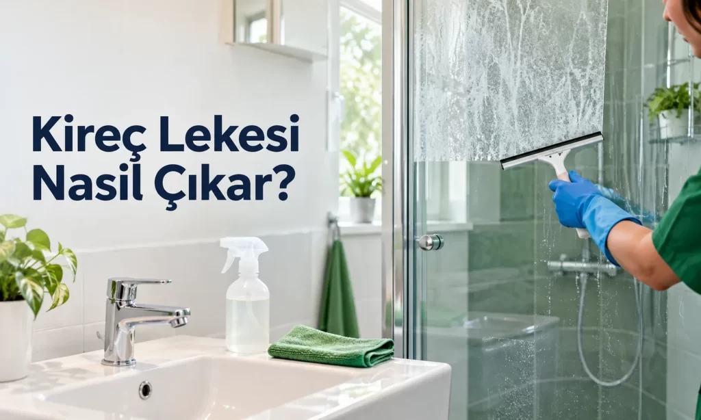 Yarısı kireç lekeli, yarısı temizlenmiş duşakabin camı; önde sirke spreyi, mikrofiber bez ve çekçekle aydınlık bir banyo.