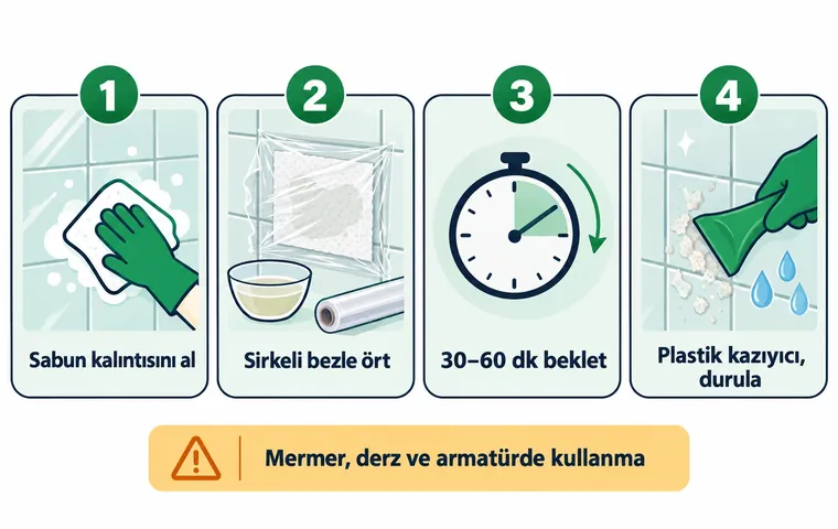 Taşlaşmış kireç için dört adımlı kompres yöntemi: sabun kalıntısını alma, sirkeli bezle örtme, 30–60 dakika bekletme ve plastik kazıyıcıyla alıp durulama.