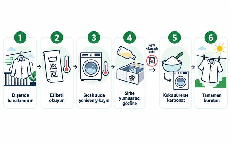Kıyafetteki rutubet kokusunu gidermek için havalandırma, etiketi okuma, sıcak suda yıkama, yumuşatıcı gözüne sirke, ayrı yıkamada karbonat ve tamamen kurutma adımlarını gösteren şema.