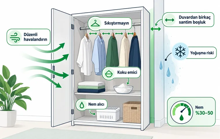 Gardırobu duvardan uzak tutma, askıları sıkıştırmama, karbonat ve nem alıcı kullanma ve düzenli havalandırmayla dolapta nemin nasıl önleneceğini gösteren kesit infografiği.