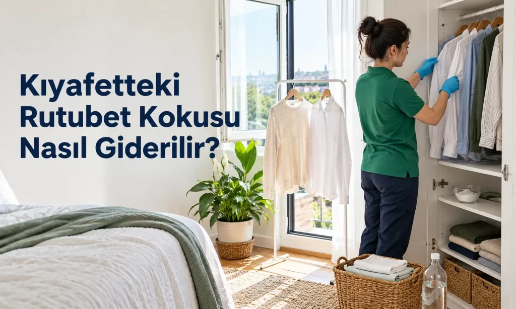 Kapakları açık gardırop, rafta karbonat kâsesi ve açık pencere önünde havalandırılan kazak ile gömlek bulunan aydınlık yatak odası.