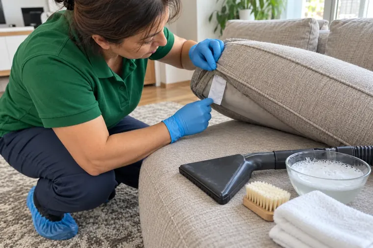 Koltuk minderinin altındaki bakım etiketi ve koltuk temizliği için süpürge başlığı, fırça ve mikrofiber bezler