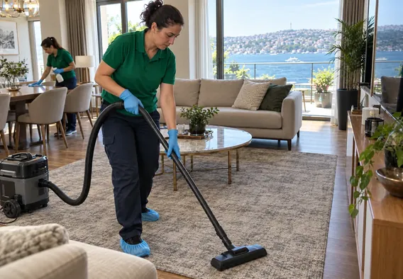 Küçükçekmece Temizlik Şirketi — göl kıyısına yakın bir apartman dairesinde temizlik ekibi salonu temizliyor