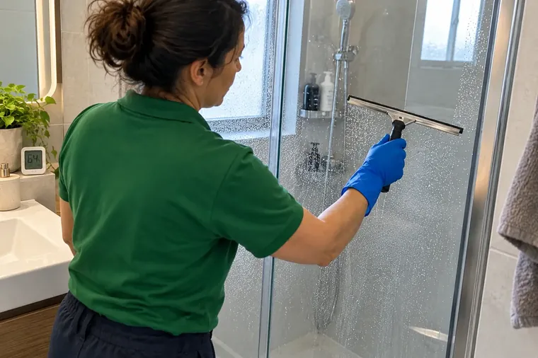 Duştan sonra cam bölmenin çekçekle kurulanması ve nem ölçerle banyo neminin takibi