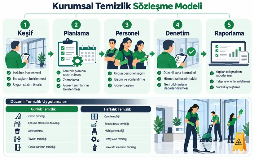 Kurumsal temizlik sözleşme modelini gösteren infografik: keşif, plan, personel, denetim, raporlama