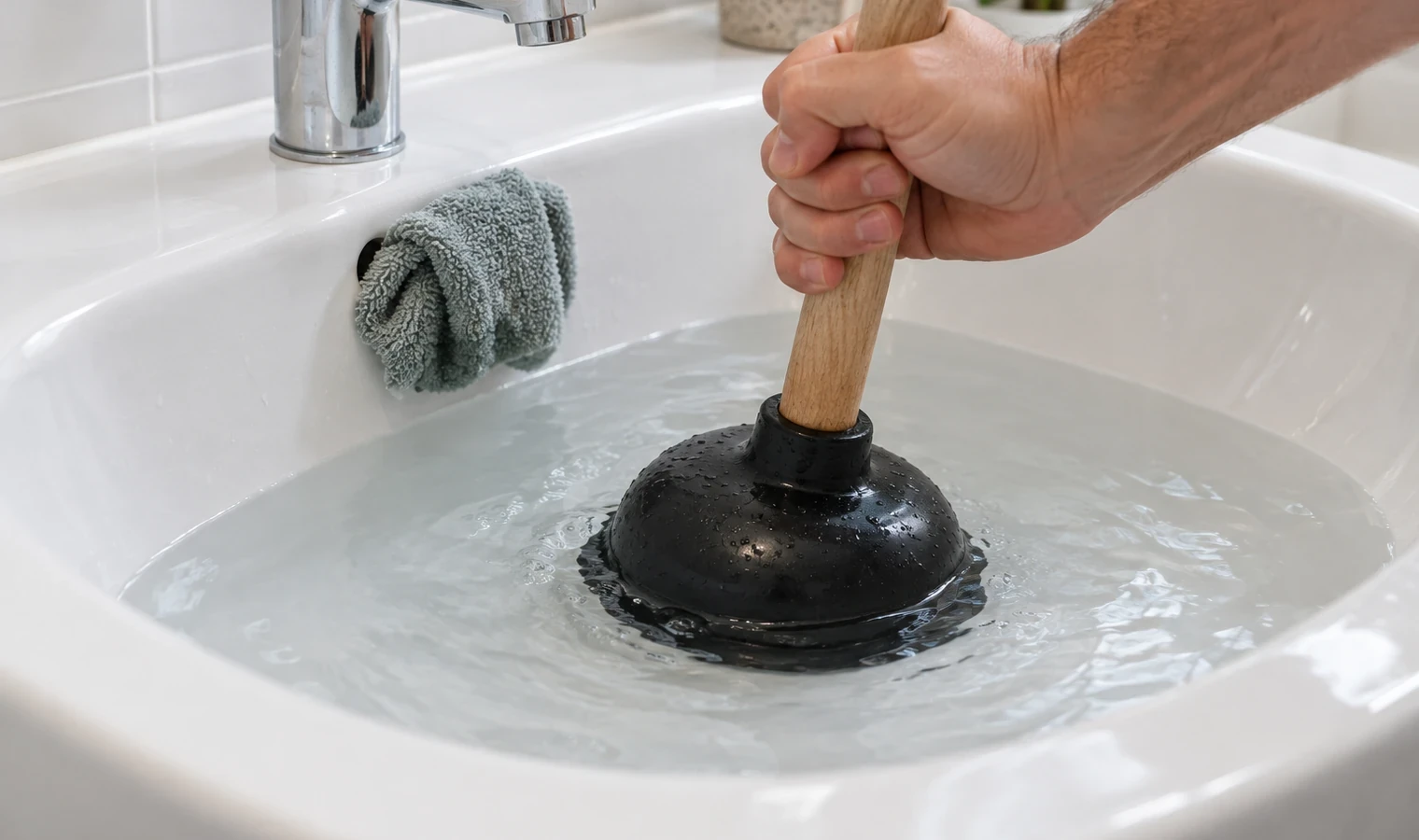 Taşma deliği bezle kapatılarak lavabo pompası kullanımı
