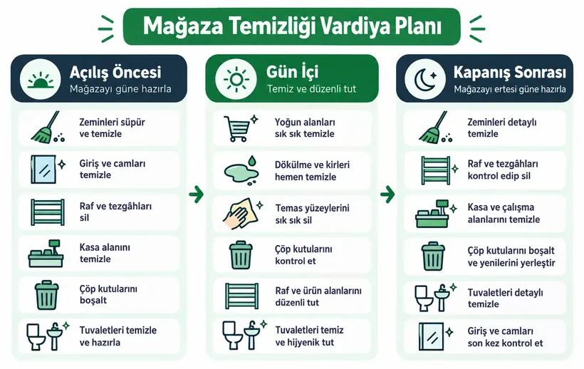 Mağaza temizliği vardiya planı infografiği: açılış öncesi, gün içi, kapanış sonrası