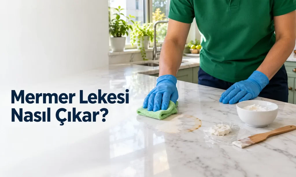 Aydınlık bir mutfakta beyaz mermer tezgah üzerinde kahve halkası lekesi, streç filmle örtülmüş beyaz macun, tahta spatula ve mikrofiber bez.
