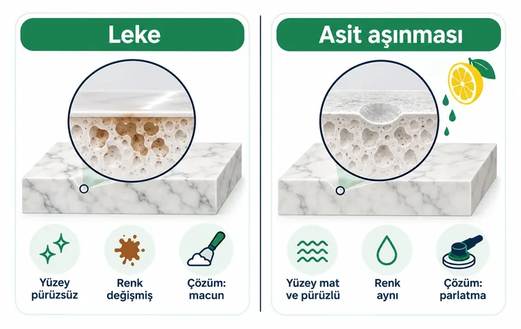 Mermerde leke ile asit aşınması farkını gösteren şema: lekede yüzey pürüzsüz ve renk değişmiş, aşınmada yüzey mat ve çukurlaşmış.
