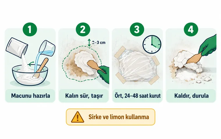 Mermer lekesi için dört adımlı macun yöntemi: macunu hazırlama, lekenin dışına taşacak kalınlıkta sürme, streç filmle örtüp 24–48 saat kurutma ve kaldırıp durulama.