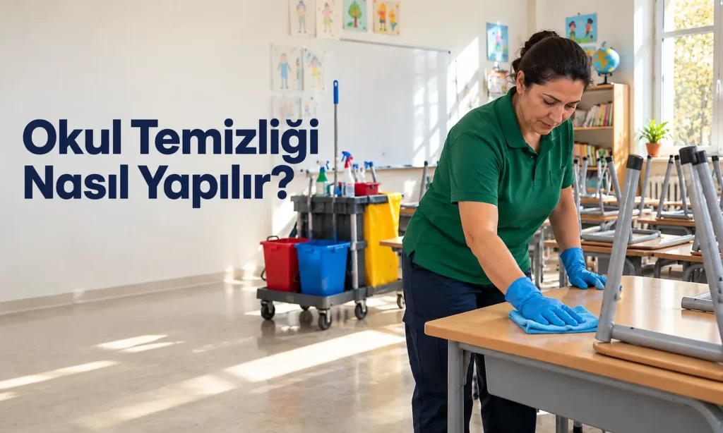 Boş okul dersliğinde sıraları mikrofiber bezle silen temizlik görevlisi