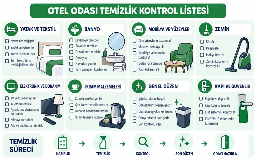 Otel odası temizlik kontrol listesi infografiği