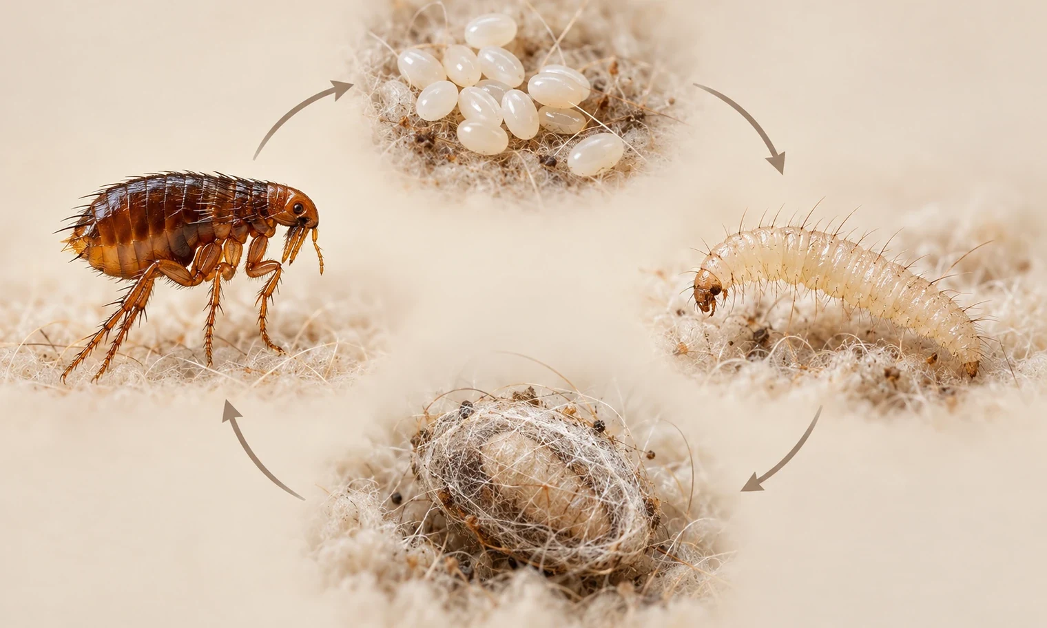 Pirenin yumurta, larva, koza ve yetişkin evrelerini gösteren döngü çizimi