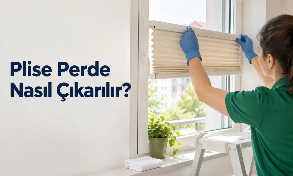 Beyaz PVC pencerede yarıya kadar toplanmış krem renkli plise perdenin üst profilini tutucudan çıkaran bir el ve pencerenin önündeki ev merdiveni.