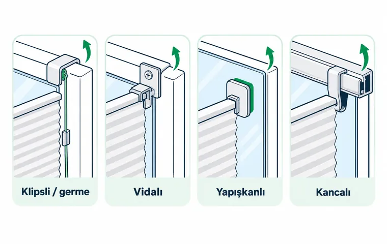 Klipsli, vidalı, yapışkanlı ve kancalı plise perde montaj türlerini ve her birinde perdenin hangi yöne çıkarıldığını gösteren dört kartlı infografik.