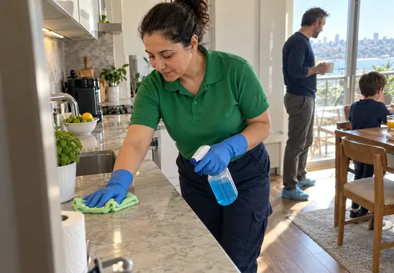 Professional House Cleaning in Istanbul — modern bir dairenin mutfağında tezgâhı silen temizlik görevlisi
