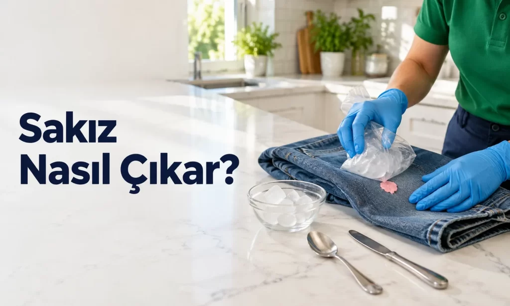 Kot pantolonun dizine yapışan sakızın üzerine poşete konmuş buz tutuluyor, yanında küt bıçak ve kaşık duruyor.