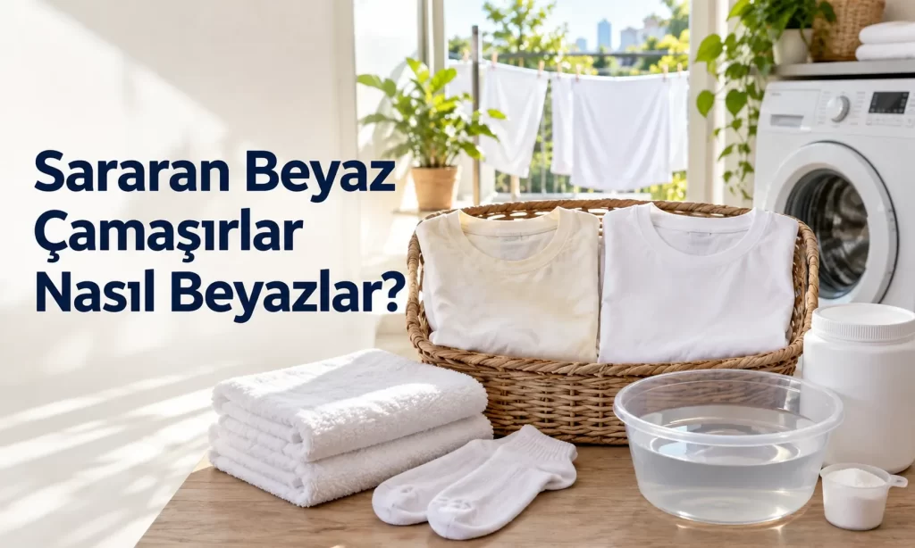 Çamaşır makinesinin önündeki sepette sararmış ve bembeyaz iki tişört, beyaz havlular, ılık su dolu leğen ve toz ağartıcı kutusu.