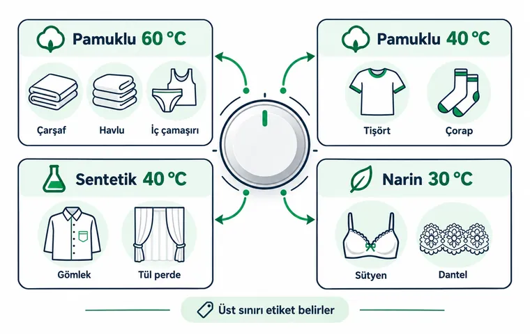 Beyaz çamaşırların türüne göre Pamuklu 60 °C, Pamuklu 40 °C, Sentetik 40 °C ve Narin 30 °C programlarına nasıl ayrılacağını gösteren infografik.