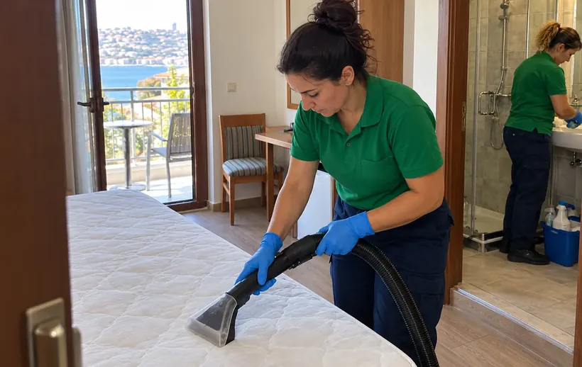 Pansiyon odasında sezon öncesi yatak ve banyo temizliği