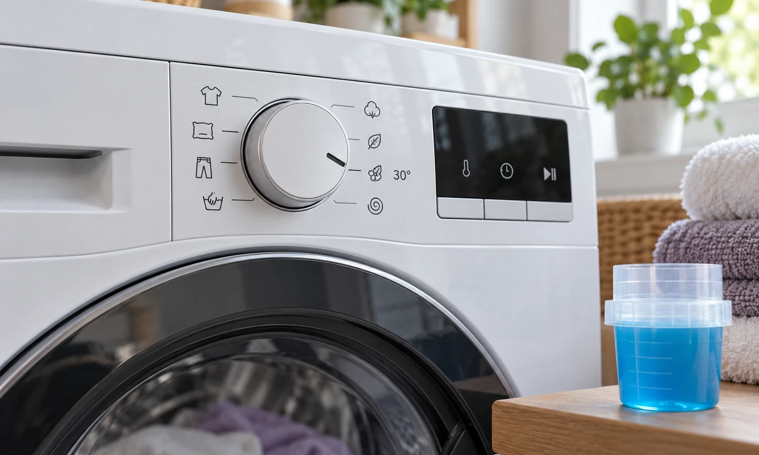 Çamaşır makinesinde 30 derece hassas program seçimi ve sıvı deterjan