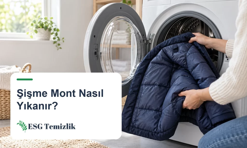 Ters çevrilmiş şişme montun önden yüklemeli çamaşır makinesine konması