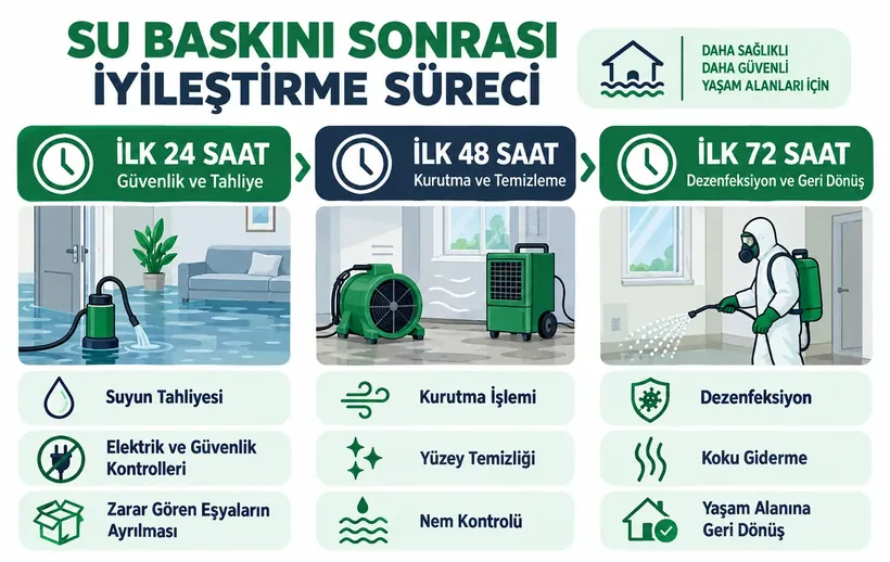Su baskını sonrası 24-48-72 saat zaman çizelgesi infografiği: tahliye, kurutma, dezenfeksiyon