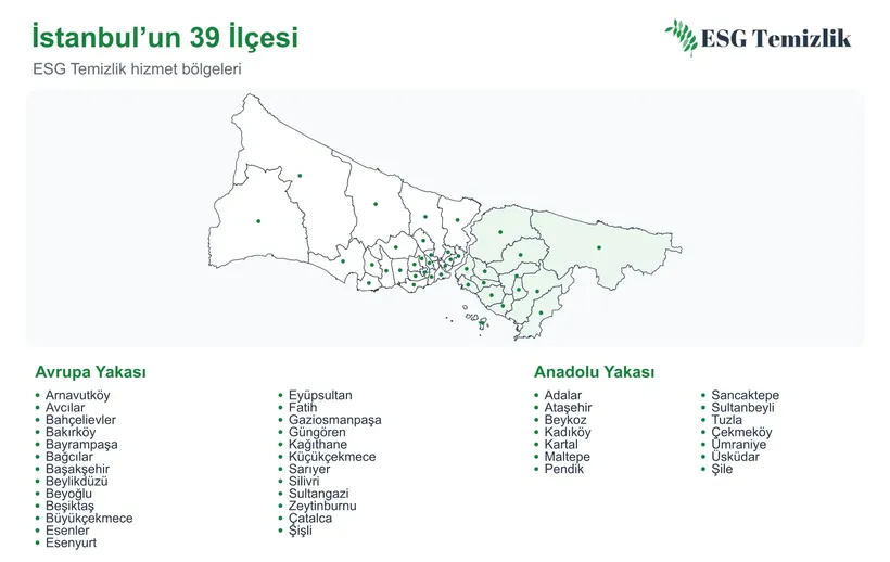 İstanbul’un 39 ilçesini ve iki yakasını gösteren hizmet bölgesi haritası