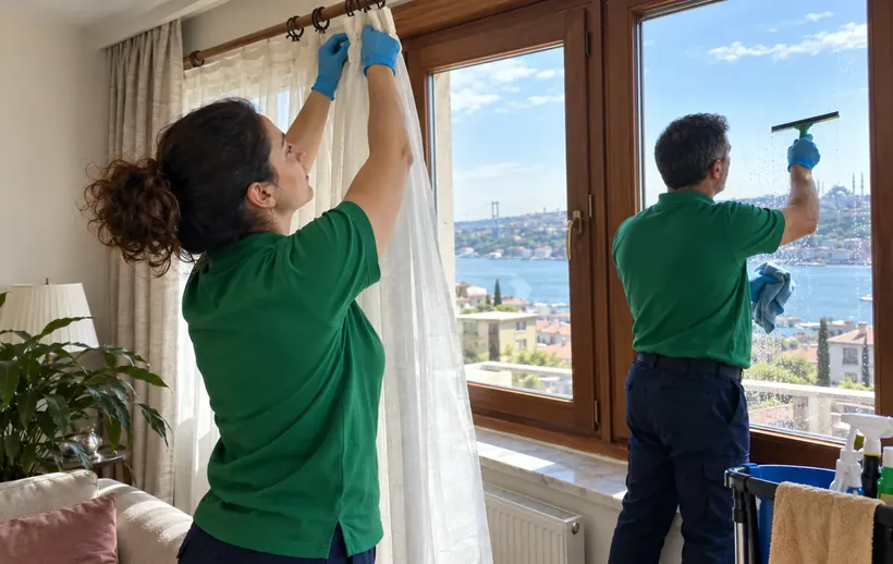 Ahşap pencere önünde perde söküp takma ve cam silme