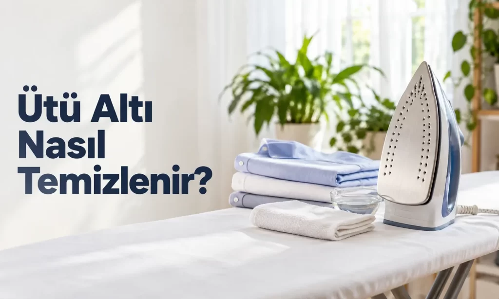 Aydınlık bir evde ütü masasının üzerinde dik duran temiz tabanlı buharlı ütü, yanında katlanmış beyaz pamuklu bez ve gömlekler