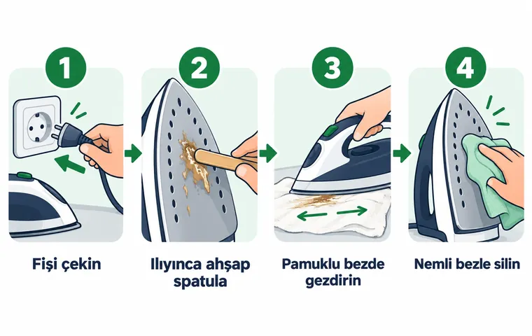 Ütü tabanına yapışmış sentetik kalıntının fişi çekme, ahşap spatulayla kaldırma, pamuklu bez üzerinde gezdirme ve nemli bezle silme adımlarıyla temizlenişini gösteren dört adımlı şema