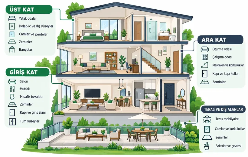 Villa temizliğinde kat kat iş sırasını gösteren kesit çizimli infografik: üst kat, ara kat, giriş, teras