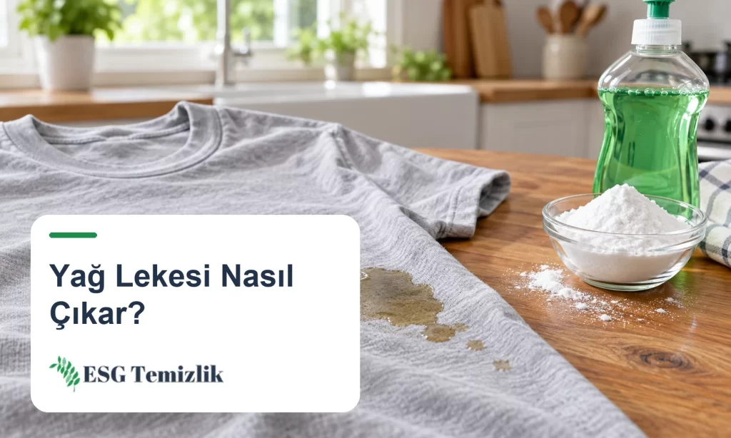 Pamuklu tişörtte yağ lekesi, yanında karbonat ve bulaşık deterjanı