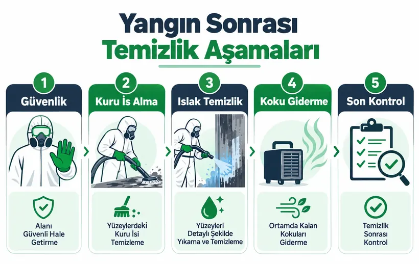 Yangın sonrası temizlik aşamaları infografiği: güvenlik, kuru is alma, ıslak temizlik, koku giderme, son kontrol