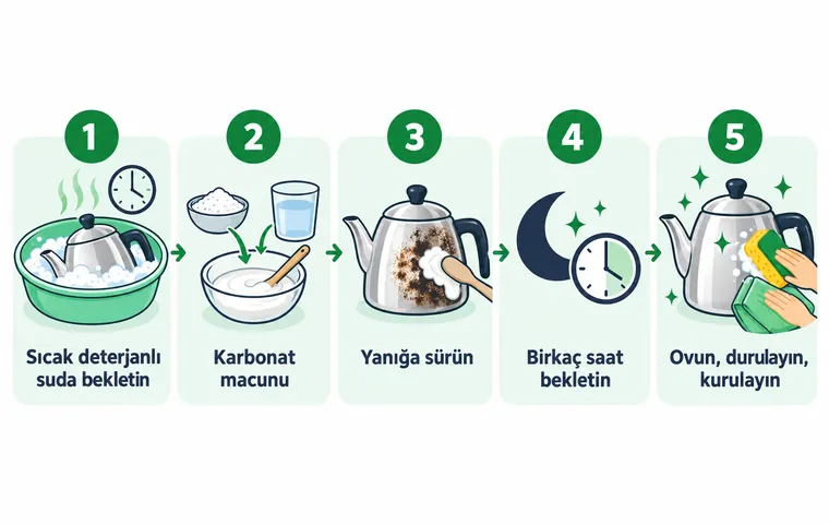 Dışı yanmış çaydanlığın temizliğini beş adımda gösteren şema: deterjanlı suda bekletme, karbonat macunu hazırlama, sürme, bekletme ve ovup kurulama