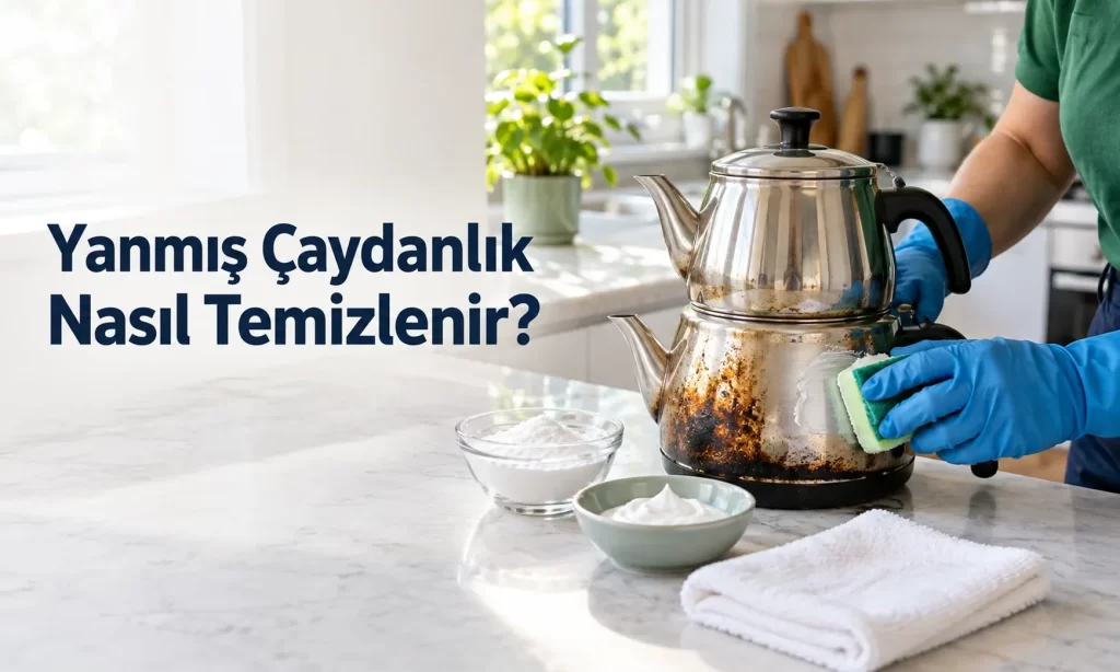 Aydınlık bir mutfakta dışı yanmış çelik çaydanlığın karbonat macunu ve yumuşak süngerle temizlenmesi