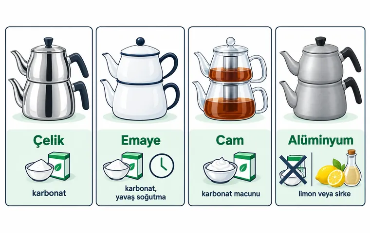 Çelik, emaye, cam ve alüminyum çaydanlık için uygun yanık temizleme yöntemlerini gösteren infografik